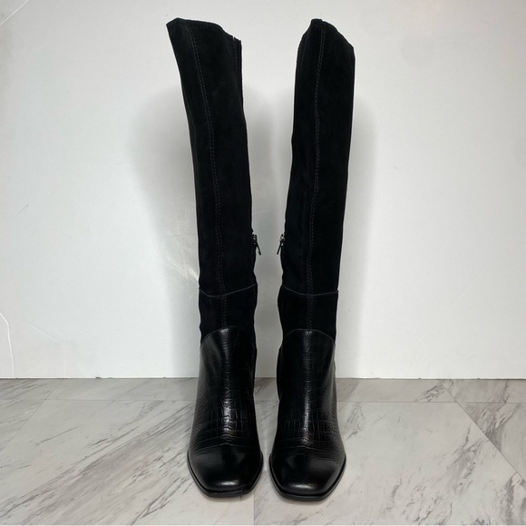 Dolce Vita Fynn Black Suede Crocodile Embossed Leather Heeled Tall Boot 7 1/2 - Picture 2 of 15